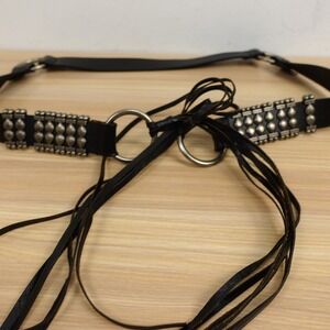 Y2K Goth Punk Concho Studded Belt Womens XL Black Real Leather Skinny Tie Fringe